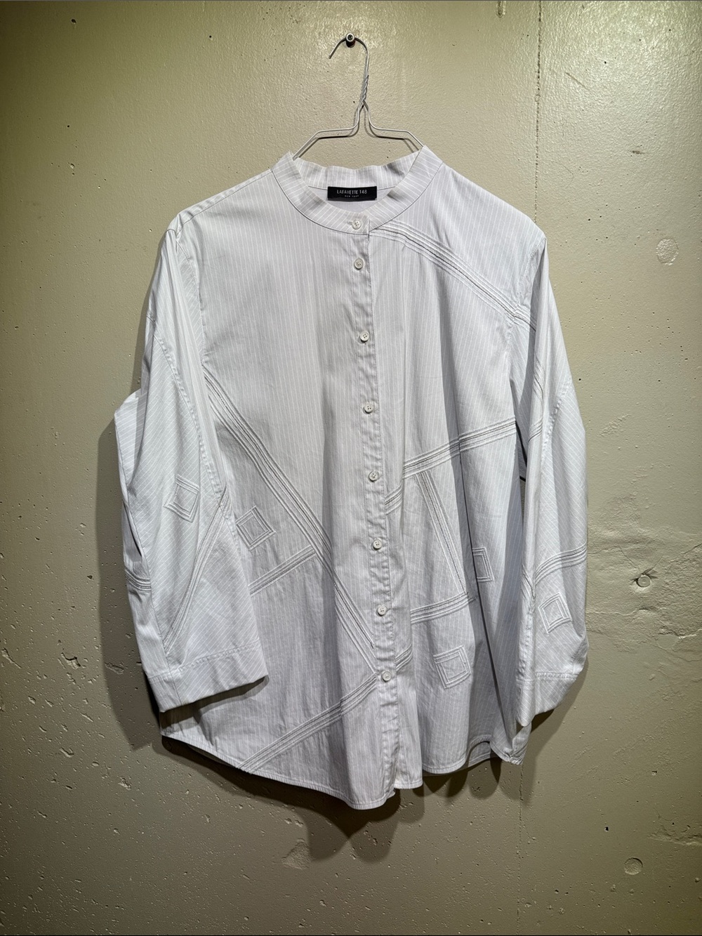 Lafayette 148 New York White Pinstripe Band-Collar Button-Down Blouse